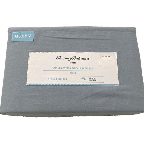 Tommy Bahama Home Washed Cotton Percale Queen Sheet Set 4 Pieces Blue Sky New - Picture 1 of 11